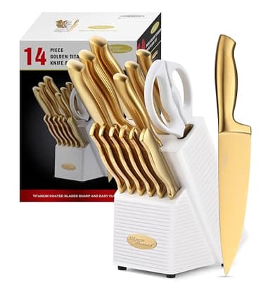 Marco Almond® Gold Knife Set, Knife Block Set MA21,Titanium Coated 14 Pieces Stainless Steel Chef Gold Kitchen Knife Sets with White Block - Image 1