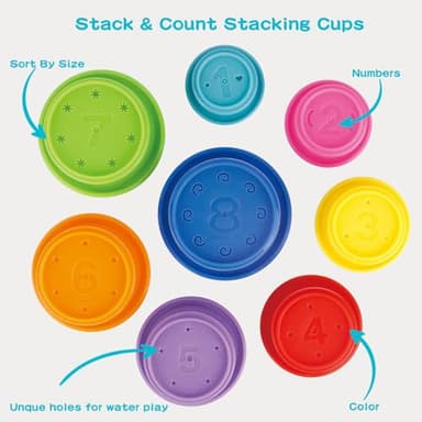 Bath Toys, 14 PCS | Safe & Educational Stacking Cups and Spoons with Numbers | Mold Free & Easy Grip Bath Toys for Baby and Toddler | Bathtub Water Toys with Early Learning Color & Shape Recognition - Image 2