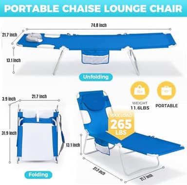 #WEJOY Folding Tanning Chair with Face Hole, 5 Positions Face Down Beach Lounge Chairs with Pillow for Outside Sunbathing Poolside (Blue) - Image 3