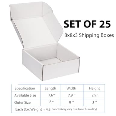 DUZCLI Small Shipping Boxes 8x8x3 Inch (25 Pack) - Sturdy White Corrugated Cardboard Boxes for Small Business, Ecommerce, Mailing & Packaging | Recyclable Gift & Storage Boxes - Image 2