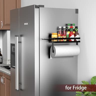 ZUNTO Magnetic Paper Towel Holder for Fridge, Black Kitchen Organizer with Towel Roll Holder, Spice Shelf and 2 Hanging Racks(No Drilling) - Image 3