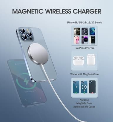 2 Pack Magnetic Wireless Charger for iPhone 16 Pro Max/16 Pro/16 Plus/16/15/15 Pro/15 Plus/15 Pro Max 15W Fast Mag Safe Charger Pad for iPhone 16/15/14/13/12 Series and AirPods 3/2/Pro 2/Pro - Image 3