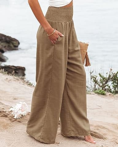 Angerella Women's Lounge Pants Casual Comfort High Waist Wide Leg Capri Palazzo Pants Solid Color Vacation Trousers with Pockets Camel M - Image 4