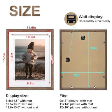 KINLINK 12x16 Picture Frame Rustic brown, Solid Wood Frames with Acrylic Plexiglass for Pictures 11x14/9x12 with Mat or 12x16 without Mat,Wall Display Photo Frame, Set of 4 - Image 5