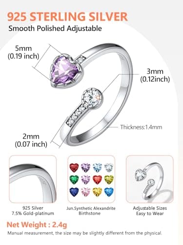 Silvora 925 Sterling Silver Heart Birthstone Adjustable Open Ring Dainty Birthstone Ring Birthstone Gemstone Rings Birthday Gift for Women - Image 4