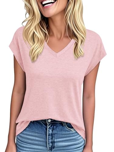YOKGO Womens Summer Tops Short Sleeve Shirts V Neck Basic Tees Cap Sleeve T Shirts Casual Trendy Spring Fashion Clothes 2025 Light Pink - Image 1