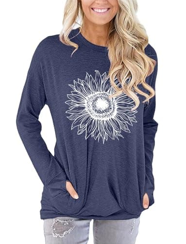 onlypuff Long Sleeve Shirts for Women Graphic T Shirts Tunic Tops Pocket Tee Shirt Cute Casual Fall Fashion Sweatshirt NavyBlue M - Image 2