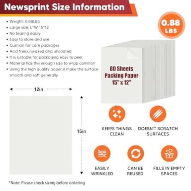 15" x 12" Packing Paper Sheets for Moving Supplies, Newsprint Paper for Moving Boxes, Wrapping Paper for Moving, Shipping, Packaging, Small Packing Box, Dishes Glasses Box Filler Materials 80 Sheets - Image 2
