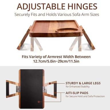 Premium Acacia Wood Sofa Arm Tray Table for Couch | Clip on Food Tray for Wide Armrest | Anti-Slip Wooden Armchair Folding Table for Drinks and Snacks, Remote Controls, Phone, TV Dinners (Deluxe) - Image 3