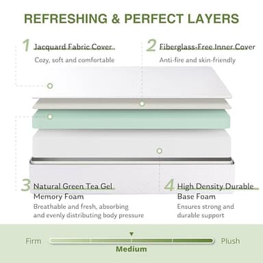 EGOHOME 10 Inch Queen Mattress, Memory Foam Mattress in a Box with Cooling Green Tea Gel, Relieve Pressure with Medium Support, CertiPUR-US Certified, 80''L x 60''W, White - Image 3