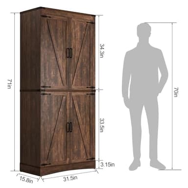 Hlivelood 71" Tall Kitchen Pantry,Farmhouse Storage Cabinet with Adjustable Shelves,Load-Bearing Steel Pipe,Farmhouse Pantry Cabinet with 4 Barn Doors, for Kitchen,Dining Room,Living Room(Brown) - Image 2