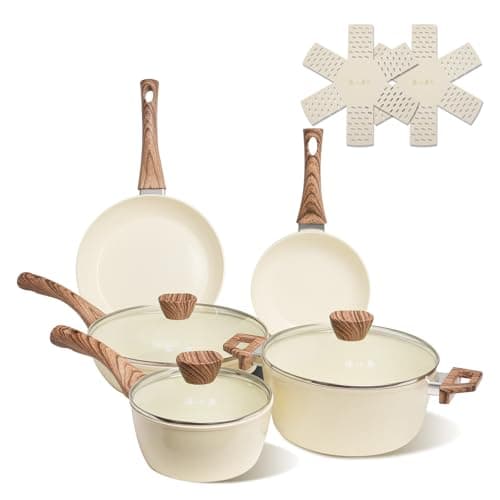 ZHANG XIAO QUAN SINCE 1628 Pots and Pans Sets Non Stick, PTFE/PFAS/PFOA Free Pots and Pans, 10Pcs Aluminium Non Toxic Cookware Set, Cream White Pots and Pans Set - Image 1