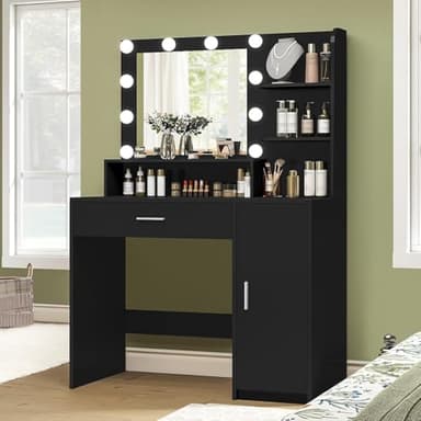 Quimoo Makeup Vanity Desk with Mirror & Lights, Vanity Desk with 5 Drawers & Storage Shelves, Vanity Table, 3 Color Modes & Adjustable Brightness Dressing Table, Bedroom, Black - Image 3