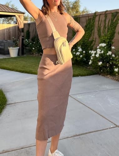 Arach&Cloz Women's Two Piece Sets Spring Bodycon Dresses Summer Vacation Outfits Tank Top and A Line Midi Skirt 2025 Knit Suits (Coffee,M) - Image 5