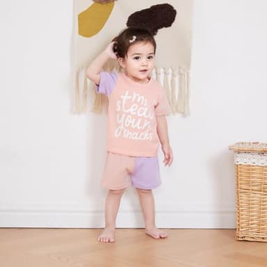 FOCUSNORM Toddler Baby Girls Summer Clothes Letter Short Sleeve T-shirt Top Shorts Sets Cute Newborn Infant Outfits 6M-3T (Contrast Pink, 6-12 Months) - Image 4