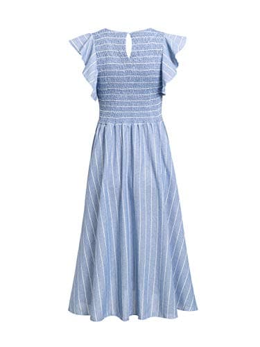 Miessial Womens Summer Dress 2025 Casual Short Sleeve Striped Linen Midi Dresses Boho Beach Wedding Guest Dress with Pockets Blue,S - Image 7