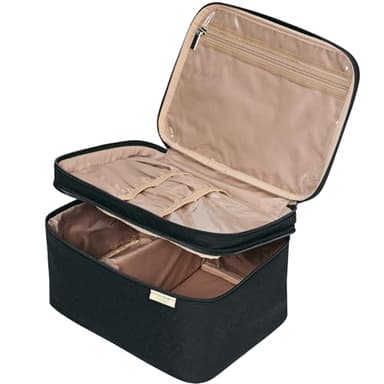 NISHEL Large Double Layer Travel Makeup Bag Women, Cosmetic Case, Organizer for Travel-Size Accessories Bottles, Brushes, Conditioner, and Skin Care Products, Black - Image 1