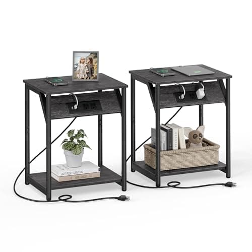 VASAGLE End Table with Charging Station, Set of 2, Small Side Tables for Living Room, Bedroom, Nightstand with Outlets and USB Ports, Bedside Table with Storage Shelf, Misty Gray and Black - Image 1