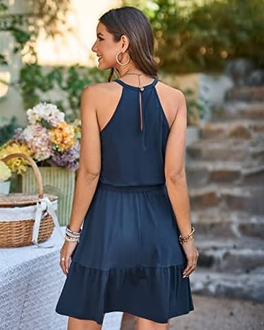 Newshows Womens 2026 Summer Dress Halter Wedding Guest Casual Beach Vacation Outfits Belted Sundresses with Pockets - Image 7