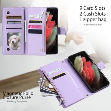 Furill Phone Case for Samsung Galaxy S21 Ultra 5G Wallet Cover with and Crossbody Wrist Strap Shoulder Strap 9+ Card Slots Zipper Purse Leather Stand S21ultra 21S S 21 21ultra G5 Women Men Purple - Image 3