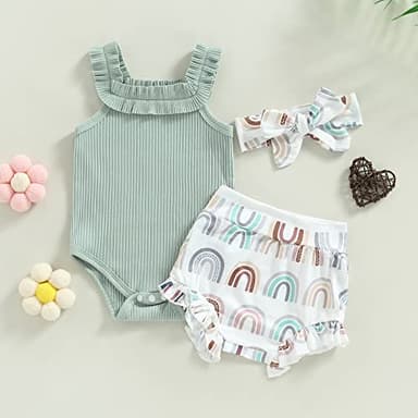 fhutpw Baby Girl Clothes Summer Cute Outfits 3 6 12 18 Months Spaghetti Strap Romper & Floarl Shorts Sets - Image 4