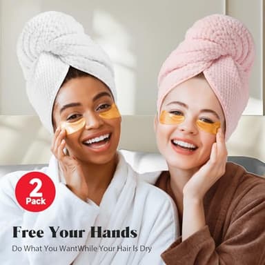 MABAO 2 Pack Microfiber Hair Towel Wrap for Women, Quick Dry Hair Turban Towel with Elastic Band, Microfiber Plopping Towel for Curly Hair, Stocking Stuffers for Women(Pink, White) - Image 4