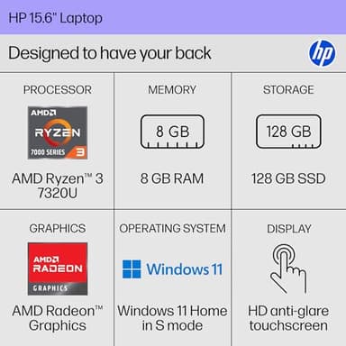 HP 15.6 inch Laptop, HD Touchscreen Display, AMD Ryzen 3 7320U, 8 GB RAM, 128 GB SSD, AMD Radeon Graphics, Windows 11 Home in S Mode, Natural Silver, 15- fc0099nr - Image 2