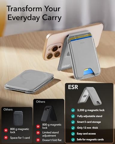 ESR Upgraded for MagSafe Wallet, 5 Card Holder, RFID Blocking, Magnetic Wallet for iPhone with Adjustable Stand, Slim for iPhone 17/16/15/14/13/12 Series, Not for 13/12 Mini, Grey - Image 2