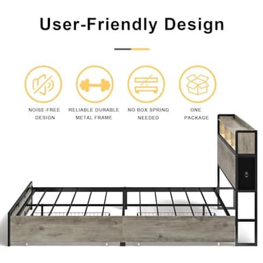 HAUSOURCE Queen Bed Frame with Bookcase Headboard and 2 Drawers LED Lights Metal Platform Non-Slip Without Noise Strong Metal Slats Support No Box Spring Needed (Greige, Queen) - Image 5