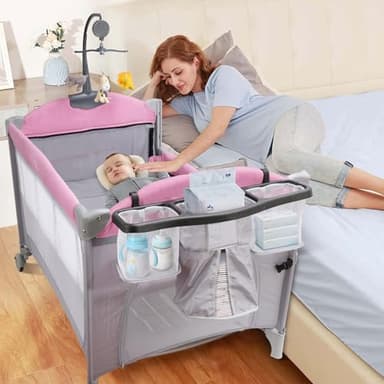 BIERUM 5-in-1 Pack n Play, Baby Bassinet, 3 Height Adjustable Baby Crib with Diaper Changer, Storage Bag & Music Box, Portable Bassinet with Carry Bag, Mattress for Newborn to Toddlers - Image 1