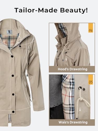 SaphiRose Women's Long Hooded Rain Jacket Outdoor Raincoat Windbreaker(Khaki,X-Large) - Image 6
