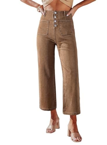 Sidefeel Women's Wide Leg Jeans High Waisted Stretchy Zimbaplatinum Straight Leg Jeans Buttoned Loose Denim Pants with Pocket Brown Size 14 - Image 1