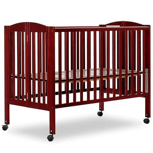 Dream On Me Full-Size 2-in-1 Folding Baby Crib in Cherry GreenGuard Gold & JPMA, Portable, Patented Quick Folding System, Strong Wheels, 2 Adjustable Mattress Heights - Image 1
