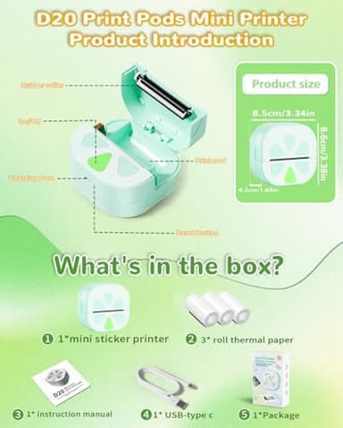 Sticker Printer, Print Pods Mini Printer, Bluetooth Thermal Sticker Maker Machine with 3 Rolls Paper, Print Pod Mini Printers for iPhone, Impresora Portátil for Study Note, Journal, DIY, Kids Gift - Image 7