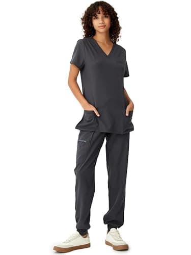 floralhue Scrubs for Women, V-Neck Scrubs Top & Cargo Pants, Scrubs Set with 10 Pockets, Yoga Waistband, 4 Way Stretch, Dark Grey, S - Image 6