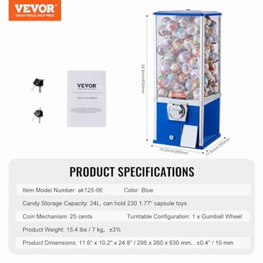 VEVOR Gumball Machine for Kids, 25" Height Home Vending Machine, PS Bouncy Balls Dispenser, Hold 230 Capsule Toys, Rectangle Bubble Gum Machine for Game Stores, Coin Operated Gumball Bank, Blue - Image 7