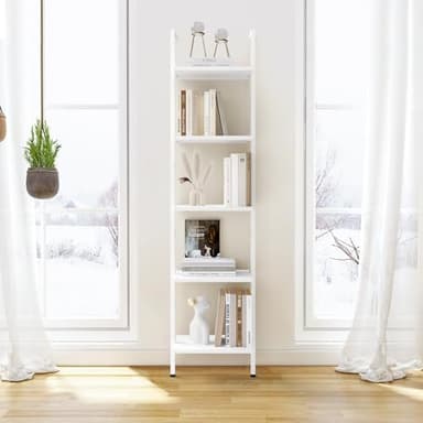 ELYKEN Ladder Shelf, White 5-Tier Wood Wall Mounted Bookshelf with Metal Frame, Modern Open Display Organizer Rack, Leaning Storage Shelves for Living Room, Bedroom, Home Office - Image 6