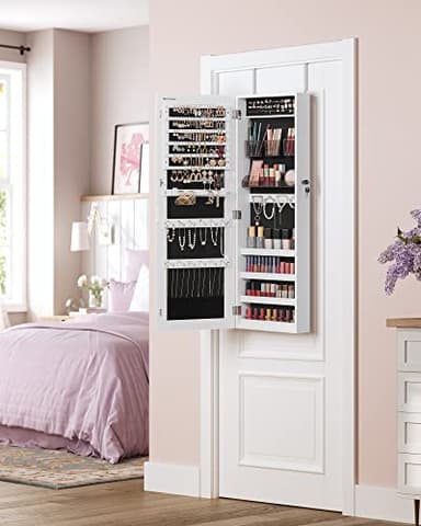 SONGMICS Jewelry Cabinet Armoire, Lockable Wall-Mounted Organizer Unit with 2 Plastic Cosmetic Storage Trays, Full-Length Frameless Mirror, White UJJC001W01 - Image 7
