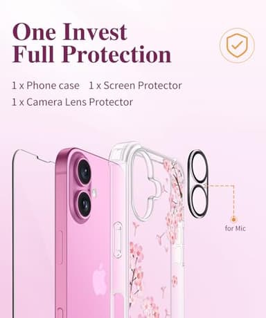 GVIEWIN for iPhone 16 Case, with Screen Protector & Camera Lens Protector, Floral Shockproof Protective Bumper Slim Soft Clear Phone Cover for Women 2024 6.1" (Sakura/Pink) - Image 9