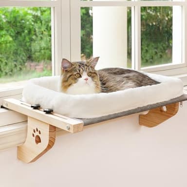 AMOSIJOY Cat Sill Window Perch Sturdy Hammock Window Seat with Cushion Cover, Wood & Metal Frame for Large Cats, Easy to Adjust Cat Bed for Windowsill, Bedside, Drawer and Cabinet (XL) - Image 1