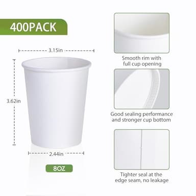 LITOPAK 400 Pack 8 oz Disposable Paper Coffee Cups, White Paper Hot Coffee Cups for Party, Picnic, Travel, and Events - Image 3