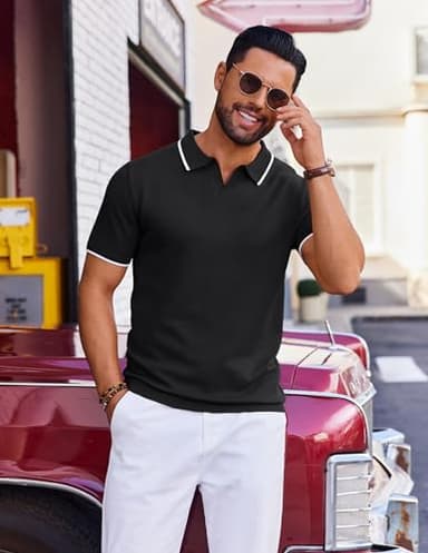 COOFANDY Mens Polo Shirts Short Sleeve Casual Knit Polo Shirt Vintage Golf T Shirts Old Money Tops Black - Image 4