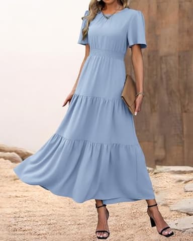PRETTYGARDEN Women's Summer Casual Short Flutter Sleeve Round Neck Smocked Waist Tiered Boho Floral Flowy Maxi Dress(Solid Sky Blue,Medium) - Image 2