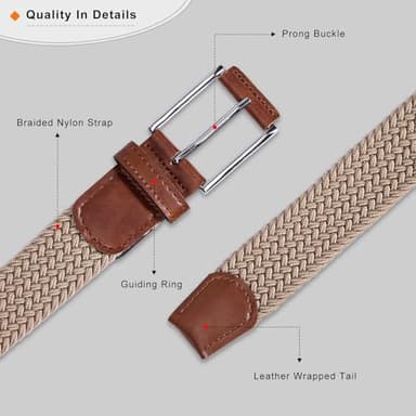 DENGFENGZHE Belt for Men, 1 3/8" Mens Gift Stretch Braided Web Belt Elastic for Casual Golf Jeans, 2 Pack (Black+Beige, 36" to 42" Waist Adjustable) - Image 4
