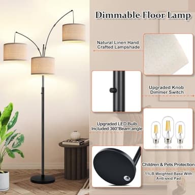 Dimmable Floor Lamp - 3 Lights Arc Floor Lamps for Living Room, 1000LM Modern Tall Standing Lamp With Beige Shades & Heavy Base, Mid Century Tree Floor Lamp for Bedroom Office, 3 LED Bulbs Included - Image 4