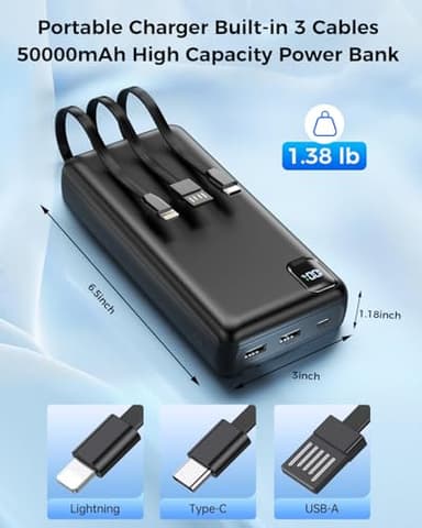 Nacete Portable Charger Power Bank 50000mAh Portable Phone Charger, PD 22.5W Fast Charging Powerbank Built in Cable, 5 Output 3 Input USB C LED Display for iPhone 16 15 14 13 Samsung Android iPad - Image 3