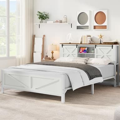 YITAHOME Farmhouse Queen Size Bed Frame with Headboard, Bookcase Shelves, Sliding Barn Door, Charging Station, Rustic Wood Platform Bed, No Box Spring Needed, White - Image 5