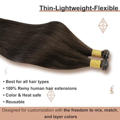 Full Shine Sew In Hair Extensions Real Human Hair Genius Weft Hair Extensions Hand Tied Weft Real Hair Sew In Extensions Remy Hair Dark Brown Full Head for Women 60 Gram 24 Inch - Image 2