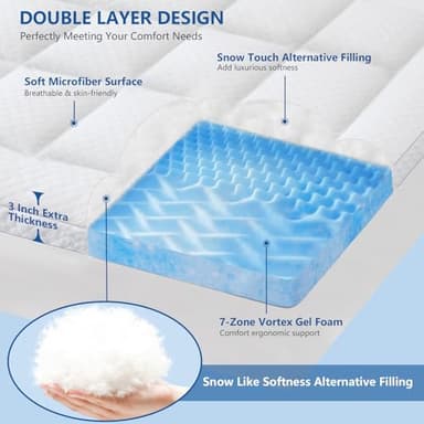 KAYFIA Mattress Topper Full with Dual Layer 3 Inch Memory Foam, 2 Inch Cooling 7-Zone Gel Memory Foam Plus 1 Inch Down Alternative Pillow Top Mattress Topper,Deep Pocket, Support for Back Pain Relief - Image 2