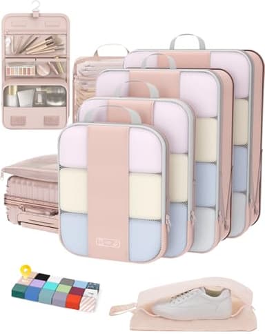 8 Set Compression Packing Cubes for Travel Essentials,Compressible Expandable Packing Cubes for Suitcase,OlarHike Luggage Organizer Bags for Travel,Handy Helper for Organizing Clothes(Beige) - Image 1